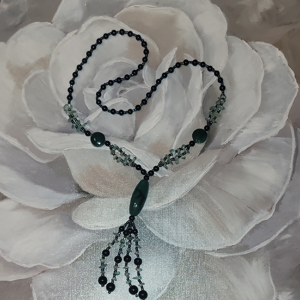 Black and Green Beaded Tassel Necklace